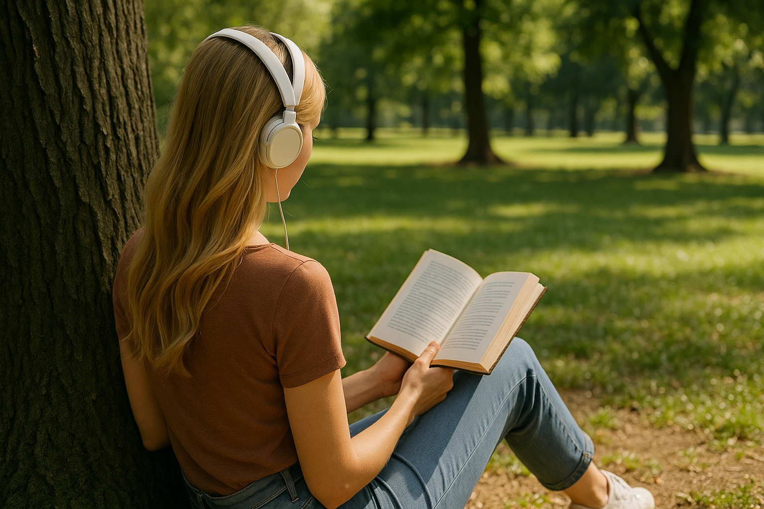 A blond woman sitting under a tree reading a book and listening to music, seen from behind, used as a symbolic image for a character experiencing a change in behavior.